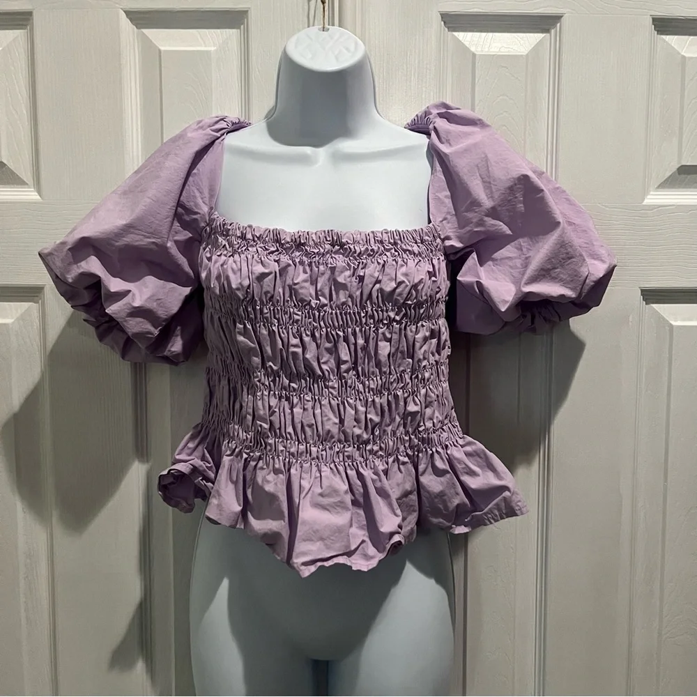 Astr Purple Princess Puff Sleeve corset waist Smocked whimsical Blouse M